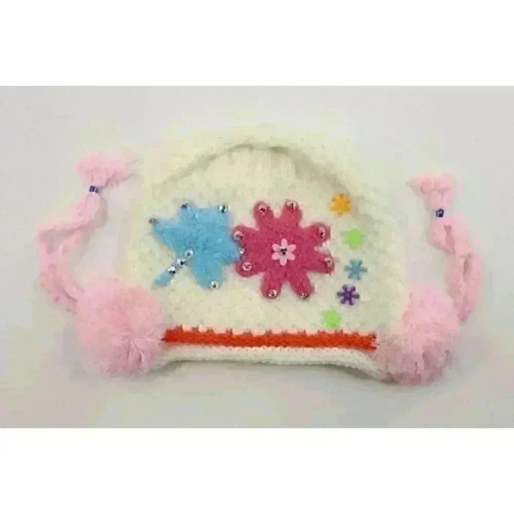 HAND knitted girl hat with knitted applique with beads for 3-6 year old. NEW.